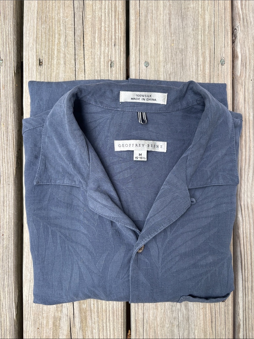 GEOFFREY BEENE | Slate Blue Jacquard Silk Button-Up Island Style Shirt | Size M
